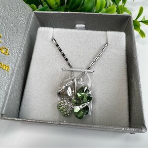 Dahlia Four Leaf Clover Pendant Necklace Green Swarovski Crystals Rhodium Plated